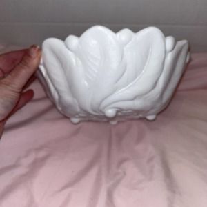 Vintage 1950s Milk Glass Bowl Indiana Glass Flower And Leaf , Footed, Large 9 In